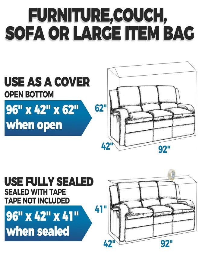 Storage Standard أغطية بلاستيكية للأثاث أثناء النقل - غطاء أريكة متين، حقائب نقل شفافة مقاومة للماء والغبار للتجديد أو التغليف أو التخزين - حقيبة كبيرة جدًا بحجم مفتوح 96 × 42 × 62 بوصة - Image 2